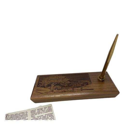 Vintage Desk Set -Gold Pen by Lasercraft ~Solid American Walnut With Tree Design - Picture 1 of 14